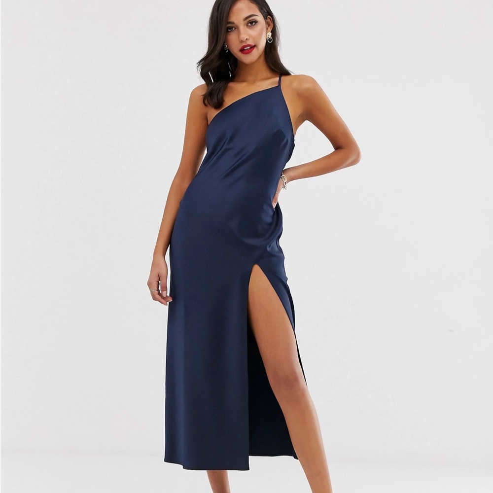 ASOS DESIGN one shoulder satin midaxi dress with drape back in navy